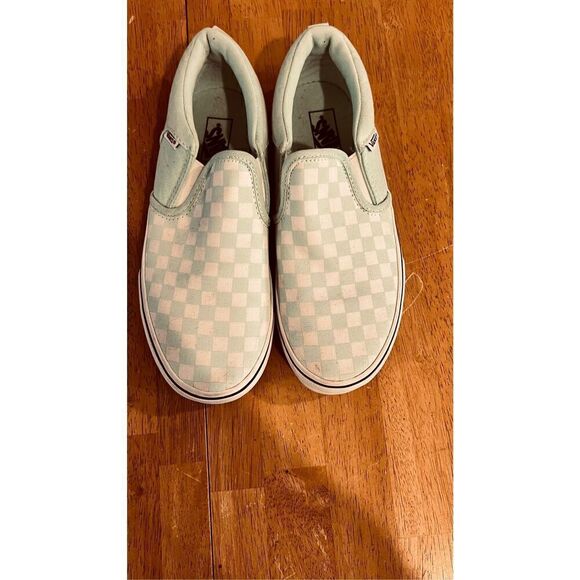 Vans Mint Green Checkered Slip On Sneakers Missy Size 5.5 - Picture 1 of 11